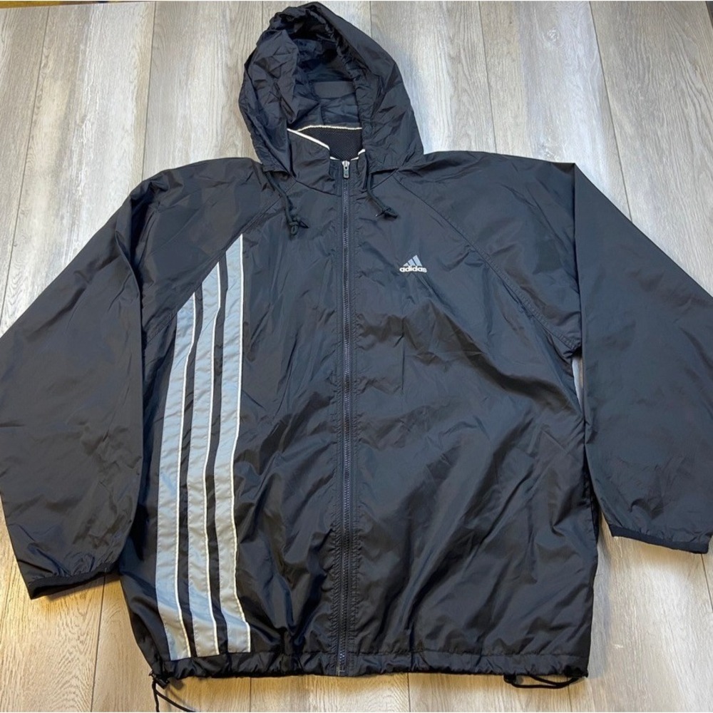 VINTAGE Adidas Windbreaker Mens XL Black Gray Hooded Full Zip Jacket Men 00's